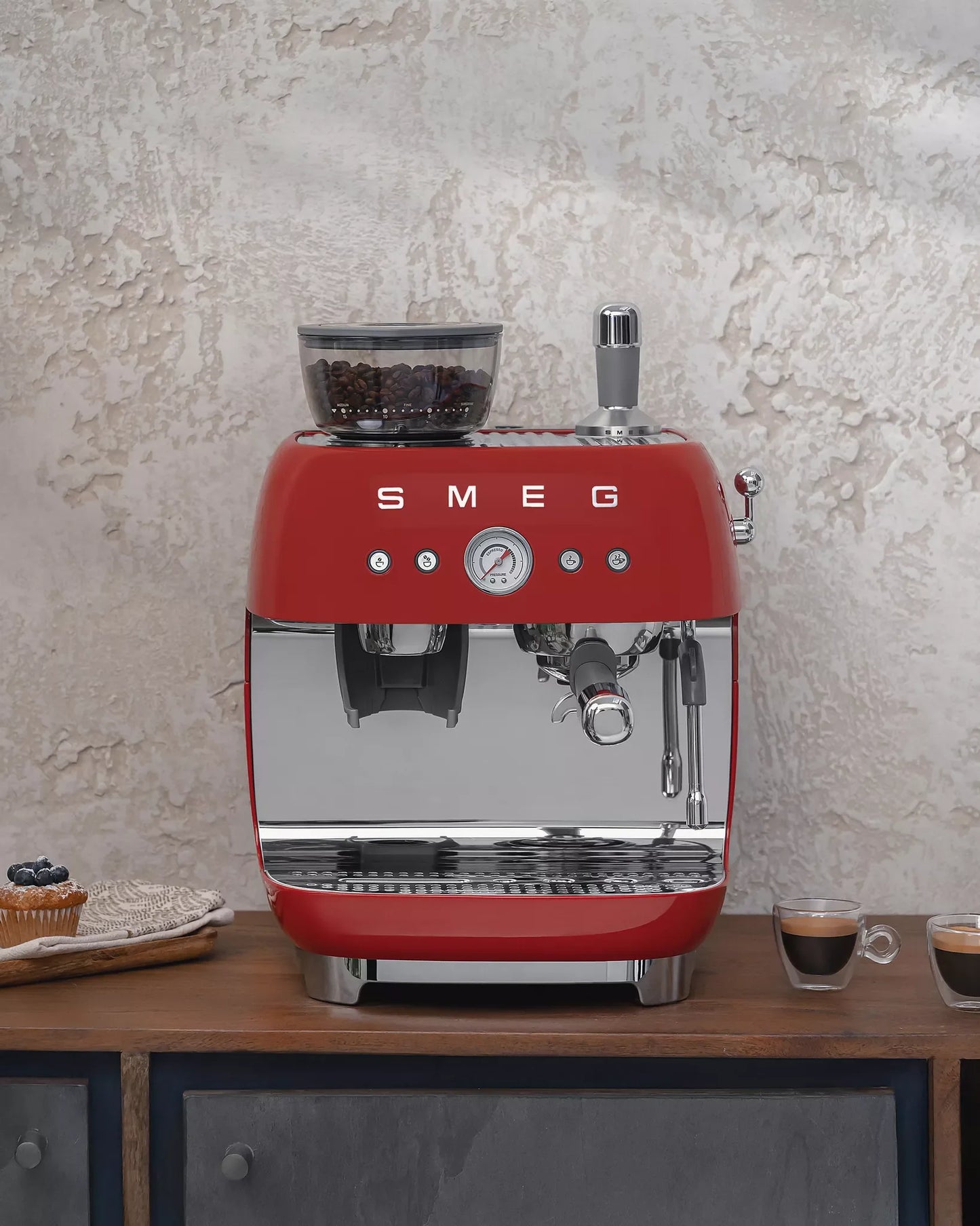 Smeg EGF03RDUK Retro Espresso Coffee Machine with Grinder in Red